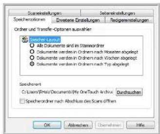 Spreinstellungen Spreinstellungen Erweitere Einstellungen Redigenerstellungen Order und Transfer-Optionen auswaher Speicher Layout ○ Alle Dokumente sind im Standordner ○ Dokumente werden in Ordnern nach Monaten abgelegt ○ Dokumente werden in Ordnern nach Wochen abgelegt ○ Dokumente werden in Ordnern nach Typ abgelegt Speicherort C:\Users\Firm\Documents\My OneTouch Archive Durchsuchen Speicherordner nach Abschluss des Scans öffnen OK Abkurschen Überlehen Hfe