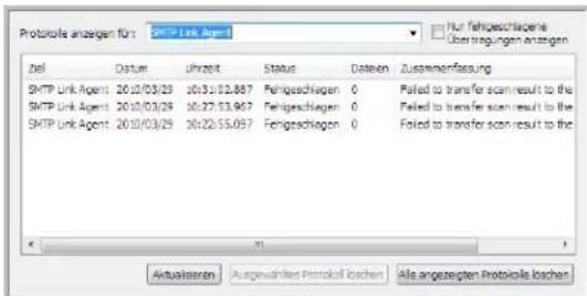 Protokole anlagen für: SMTP Link Agent Del Datum Uhrzeit Status Dateen Zusammenfassung SMTP Link Agent: 20.10/03/29 20:31:03.887 Fehlgeschlagen 0 Failed to transfer scan result to the SMTP Link Agent: 20.10/03/29 10:27:53.967 Fehlgeschlagen 0 Failed to transfer scan result to the SMTP Link Agent: 20.10/03/29 10:22:55.097 Fehlgeschlagen 0 Failed to transfer scan result to the Virtualisieren Ausgewählte Protokolle loschen Alle angezegten Protokolle loschen