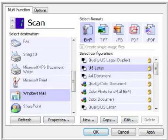 Multi Function Options Scan Select destination: Fax Snaglt 8 Microsoft XPS Document Writer Microsoft Paint Windows Mail SharePoint Refresh Properties... New... Copy... Edit... Delete Select format: EMP TIFF JPG PDF PDF Create single image files Select configuration: Quality US Legal (Duplex) US Letter A4 Document Quality Color Document Color Photo for eMail (e4) Color Document Quality US Letter OK Cancel Apply