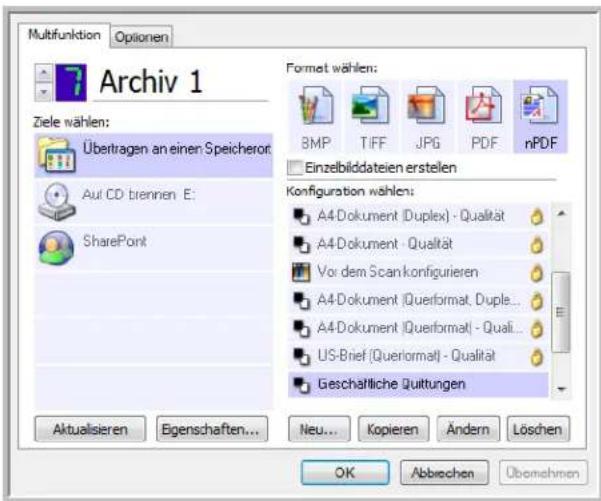 Multifunktion Optionen Archiv 1 Ziele wählen: Übertragen an einen Speicherom Auf CD brennien E: SharePont Format wählen: 8MP TIFF JPG PDF nPDF Einzelbilddateien erstellen Konfiguration wählen: A4-Dokument (Duplex) - Qualität A4-Dokument - Qualität Vor dem Scan konfigurieren A4-Dokument (Querformat, Duple... A4-Dokument (Querformat) - Quali... US-Brief (Queriormat) - Qualität Geschäftliche Quittungen Aktualsieren Eigenschaften... Neu... Kopieren Ändern Löschen OK Abbrevchen Übromehnen