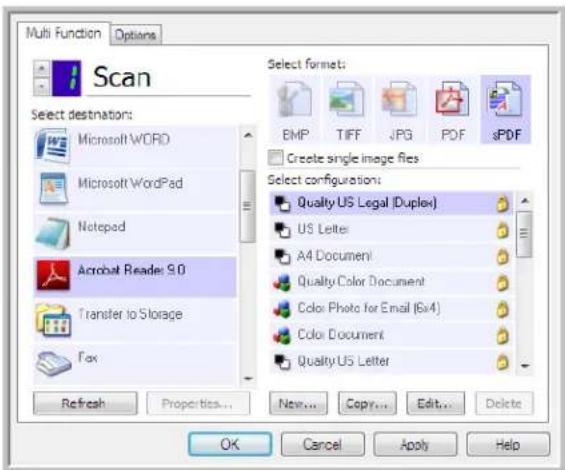 Multi Function Options Scan Select destination: Microsoft WORD Microsoft WordPad Notepad Acrobat Reader 9.0 Transfer to Storage Fax Refresh Properties... New... Copy... Edit... Delete Select formats: BMP TIFF JPG PDF sPDF Create single image files Select configurations: Quality US Legal (Duplex) US Letter A4 Document Quality Color Document Color Photo for Email (6x4) Color Document Quality US Letter OK Cancel Apply Help