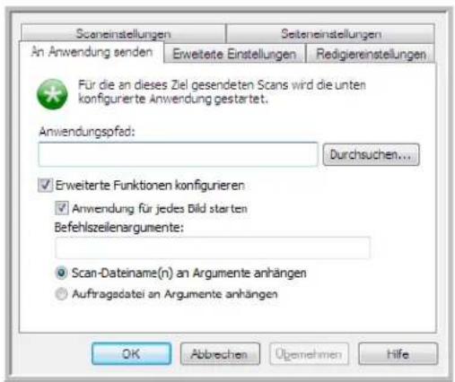 Scaneinstellungen Seiteinstellungen An Anwendung senden Erweiterte Einstellungen Redigierinstellungen Für die an dieses Ziel gesendeten Scans wird die unten konfigurerte Anwendung gestartet. Anwendungspfed: Durchsuchen... Erweiterte Funktionen konfigurieren Anwendung für jedes Bild starten Befehlszeilenargumente: Scan-Dateiname(n) an Argumente anhängen Auftragsdatei an Argumente anhängen OK Abbrechen Übernehmen Hife