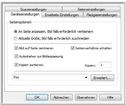Sceneinstellungen Seiteinstellungen Geräteinstellungen Erweiterte Einstellungen Redigierestellungen Seitenoptionen An Seite anpassen, Bild falls erforderlich verkeinem Aktuelle Größe, Bild falls erforderlich zuschneden Bild auf Seite zentrieren Seitenverhältnis erhalten Autodrehen zur Bildanpassung Kopien sorbieren: Kopien: 1 Fax Erweitert... OK Abtrechen Übernehmen Hilfe