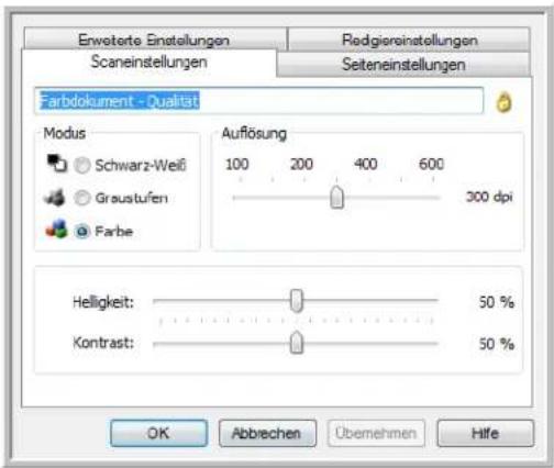 Erweitere Einstellungen Scaneinstellungen Redgierestellungen Seiteneinstellungen Farbdokument - Qualist Modus Schwarz-Weiß Graustufen Farbe Auflösung 100 200 400 600 300 dpi Helligkeit: 50 % Kontrast: 50 % OK Abbrechen Übernehmen Hilfe