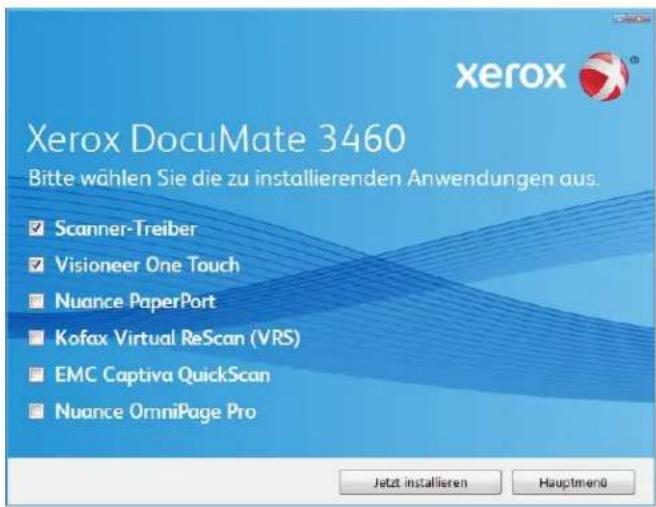 Xerox DocuMate 3460 Bitte wählen Sie die zu installierenden Anwendungen aus. ✓ Scanner-Treiber ✓ Visioneer One Touch ■ Nuance PaperPort ■ Kofax Virtual ReScan (VRS) ■ EMC Captiva QuickScan ■ Nuance OmniPage Pro Jetzt installieren Hauptmenü