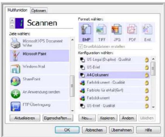 Multifunktion Optionen Scannen Ziele wählen: Microsoft XPS Document Writer Microsoft Paint Windows Mail SharePoint An Anwendung senden FTP-Übetragung Format wählen: EMP TIFF JPG PDF Ertl. Einzelbildeteien erstellen Konfiguration wählen: US-Legal (Duplex) - Qualität US-Brief A4-Dokumenti Farbdokument - Qualität Farbloto für eMail (Ex4) Farbdokument US-Brief - Qualität Aktualiseren Eigenschaften... Neu... Kopieren Ändern Löschen OK Abrechen Übernehmen Hife