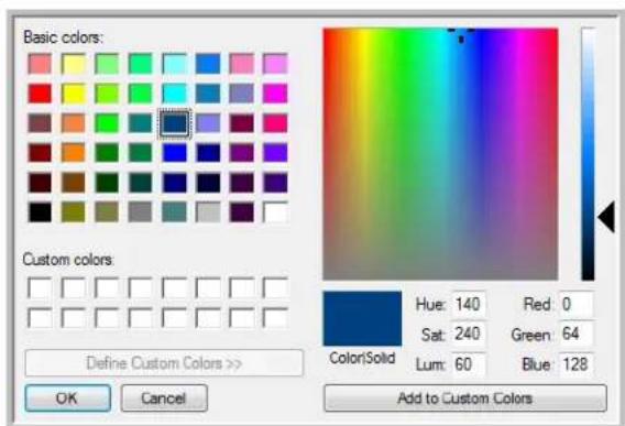 Basic colors: Custom colors: Define Custom Colors >> OK Cancel ColorSolid Hue: 140 Red: 0 Sat: 240 Green: 64 Lum: 60 Blue: 128 Add to Custom Colors
