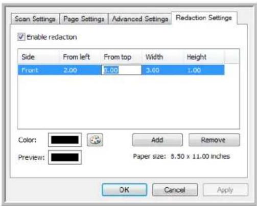 Scan Settings Page Settings Advanced Settings Redaction Settings Enable redaction Side From left From top Width Height Front 2.00 3.00 3.00 1.00 Color: Add Remove Preview: Paper size: 8.50 x 11.00 inches OK Cancel Apply
