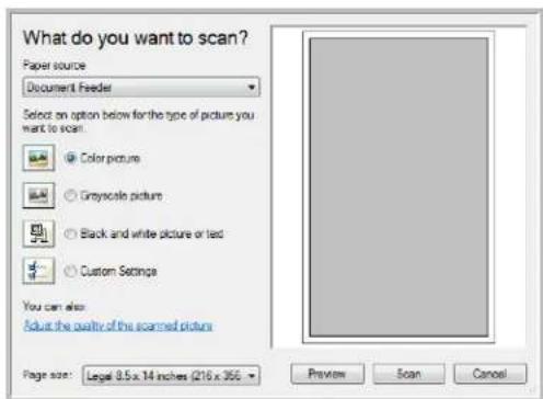 What do you want to scan? Paper source Document Feeder Select an option below for the type of picture you want to scan. Color picture Greyscale picture Black and white picture or text Custom Settings You can also: Adjust the quality of the scanned picture Page size: Legal 8.5 x 14 inches (216 x 366) Preview Scan Cancel