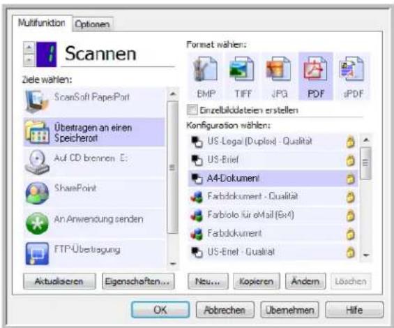 Multifunktion Options Scannen Ziele wählen: ScanSoft PaperPort Übertragen an einen Specherort Auf CD bronnen E: SharePoint An Anwendung senden FTP-Übetragung Aktualseren Eigenschaften... Format wählen: EMP TIFF JPG PDF sPDF Einzelbildsteien erstellen Konfiguration wählen: US -Legal (Duplex) - Qualität US-Erief A4-Dokumenti Farbdokument - Qualität Farbiolo für eMail (ExA) Farbdokument US-Erief - Qualität OK Abrechen Übemehmen Hife