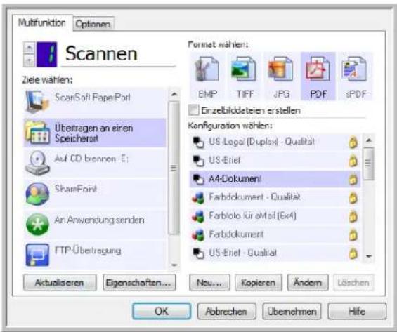 Multifunktion Optionen Scannen Ziele wählen: ScanSoft PaperPort Übertragen an einen Speichertort Auf CD bronnen E: SharePoint An Anwendung senden FTP-Übetragung Format wählen: BMP TIFF JPG PDF sPDF Einzelbildeteien erstellen Konfiguration wählen: US -Legal (Duplex) - Qualität US-Ebrief A4-Dokumenti Farbdokument - Qualität Farblolo für eMail (Ex4) Farbdokument US-Ebrief - Qualität Aktualiseren Eigenschaften... Neu... Kopieren Ändem Löschen OK Abbrechen Übenehmen Hife