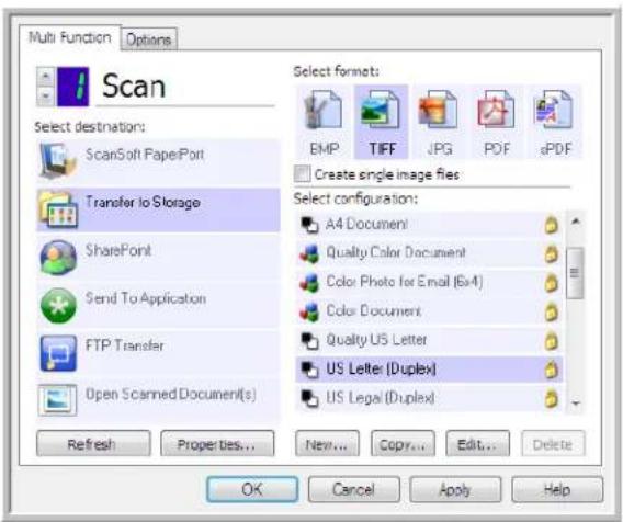 Multi Function Options Scan Select destinations: ScanSoft PaperPort Transfer to Storage SharePoint Send To Application FTP Transfer Open Scanned Document(s) Refresh Properties... New... Copy... Edit... Delete Select formats: EMP TIFF JPG PDF sPDF Create single image files Select configuration: A4 Document Quality Color Document Color Photo for Email (6x4) Color Document Quality US Letter US Letter (Duplex) US Legal (Duplex) OK Cancel Apply Help