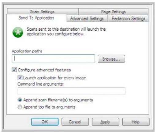 Scan Settings Page Settings Send To Application Advanced Settings Redaction Settings Scans sent to this destination will launch the application you configure below. Application path: Browse... Configure advanced features Launch application for every image Command line arguments: Append scan filename(s) to arguments Append job file to arguments OK Cancel Apply Help