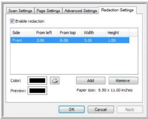Scan Settings Page Settings Advanced Settings Redaction Settings Enable redaction Side From left From top Width Height Front 2.00 6.00 3.00 1.00 Color: Add Remove Preview: Paper size: 8.50 x 11.00 inches OK Cancel Apply