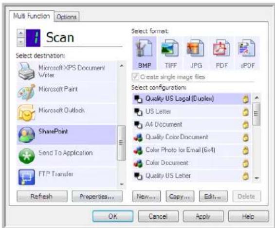Multi Function Options Scan Select destination: Microsoft XPS Document Writer Microsoft Paint Microsoft Outlook SharePoint Send To Application FTP Transfer Refresh Properties... New... Copy... Edit... Delete Select format: BMP TIFF JPG PDF sPDF Create single image files Select configurations: Quality US Legal (Duplex) US Letter A4 Document Quality Color Document Color Photo for Email (6x4) Color Document Quality US Letter OK Cancel Apply Help