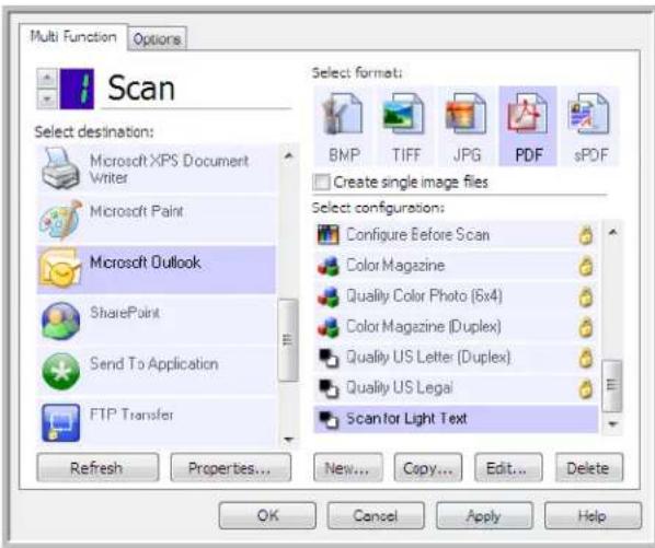 Multi Function Options Scan Select destination: Microsoft XPS Document Writer Microsoft Paint Microsoft Outlook SharePoint Send To Application FTP Transfer Refresh Properties... New... Copy... Edit... Delete Select format: BMP TIFF JPG PDF sPDF Create single image files Select configurations: Configure Before Scan Color Magazine Quality Color Photo (6x4) Color Magazine (Duplex) Quality US Letter (Duplex) Quality US Legal Scan for Light Text OK Cancel Apply Help