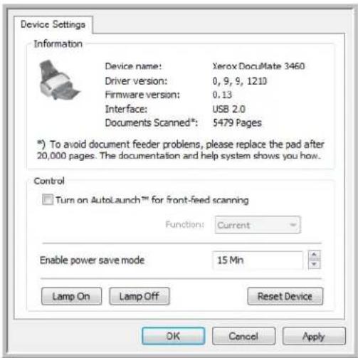 Device Settings Information Device name: Xerox DocuMate 3460 Driver version: 0, 9, 9, 1210 Firmware version: 0.13 Interface: USB 2.0 Documents Scanned*: 5479 Pages *) To avoid document feeder problems, please replace the pad after 20,000 pages. The documentation and help system shows you how. Control Turn on AutoLaunch™ for front-feed scanning Function: Current Enable power save mode: 15 Min Lamp On Lamp Off Reset Device OK Cancel Apply