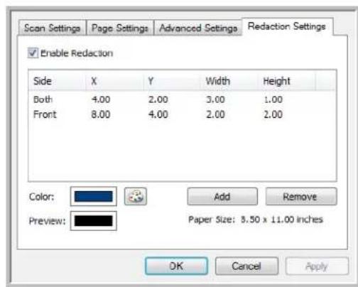 Scan Settings Page Settings Advanced Settings Redaction Settings Enable Redaction Side X Y Width Height Both 4.00 2.00 3.00 1.00 Front 8.00 4.00 2.00 2.00 Color: Preview: Add Remove Paper Size: 5.50 x 11.00 inches OK Cancel Apply