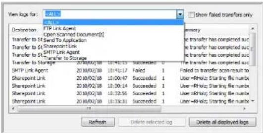 View logs for: CALL Destination FTP Link Agent Open Scanned Document(s) Transfer to Sf Send To Application Transfer to St Sharepoint Link Transfer to Sf SMTP Link Transfer to Storage Transfer to Storage 20/08/02/18 18:41:13 Succeeded 0 SMTP Link Agent 20/08/02/18 18:41:17 Failed 1 Sharepoint Link 20/08/02/18 15:00:47 Succeeded 1 Sharepoint Link 20/08/02/18 15:30:14 Succeeded 1 Sharepoint Link 20/08/02/18 18:32:56 Succeeded 1 Sharepoint Link 20/08/02/18 18:35:31 Succeeded 1 Show failed transfers only Summary The transfer has completed suc The transfer has completed suc The transfer has completed suc The transfer has completed suc The transfer has completed suc Failed to transfer scan result to User=Rh/sat Starting file number User=Rh/sat Starting file number User=Rh/sat Starting file number User=Rh/sat Starting file number Refresh Delete selected log Delete all deployed logs
