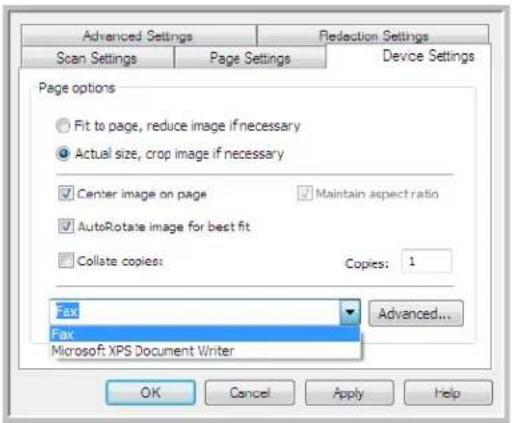 Advanced Settings Scan Settings Page Settings Reduction Settings Device Settings Page options Fit to page, reduce image if necessary Actual size, crop image if necessary Center image on page Maintain aspect ratio AutoRotate image for best fit Collate copies: Copies: 1 Fax Fax Microsoft: XPS Document Writer Advanced... OK Cancel Apply Help