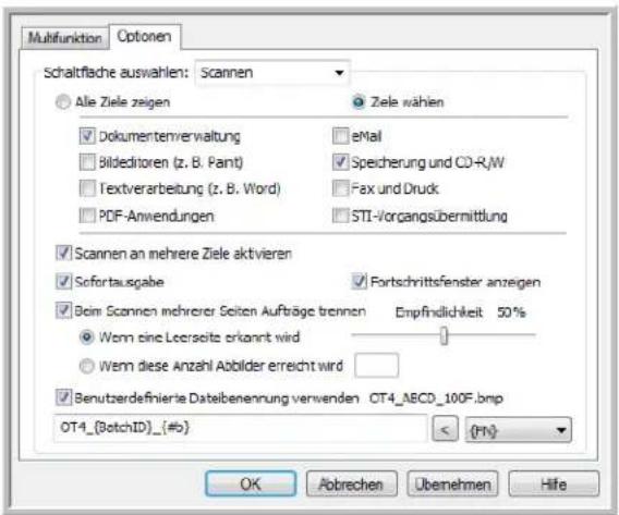 Multifunktion Optionen Schaltfläche auswahlen: Scannen Alle Ziele zeigen Ziele wählen Dokumentenverwaltung eMail Bildeditoren (z. B. Pant) Speicherung und CD-R/W Textverarbeitung (z. B. Word) Fax und Druck PDF-Anwendungen STI-Vorgangsübermittlung Scannen an mehrere Ziele aktivieren Sofortausgabe Fortschrittsfenster anzeigen Boom Scannen mehrerer Seiten Aufträge trennen Empfindlichkeit 50% Wenn eine Leerseitz erkannt wird Wenn diese Anzahl Abbilder erreicht wird Benutzerdefinierte Dateibenennung verwenden OT4_ABCD_100F.bmp OT4_(BatchID)_(#o) < (P) OK Abtrechen Überehen Hife