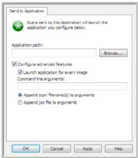 Send to Application Scans sent to this destination will launch the application you configure below. Application path: Browse... Configure advanced features Launch application for every image Command line arguments: Append scan filename(s) to arguments Append job file to arguments OK Cancel Apply Help