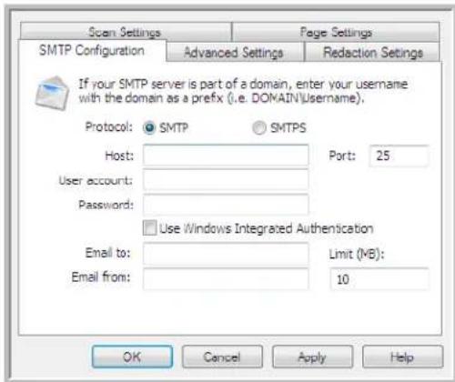 Scan Settings Page Settings SMTP Configuration Advanced Settings Redaction Settings If your SMTP server is part of a domain, enter your username with the domain as a prefix (i.e. DOMAIN\username). Protocol: SMTP SMTPS Host: Port: 25 User account: Password: Use Windows Integrated Authentication Email to: Limit (MB): Email from: 10 OK Cancel Apply Help