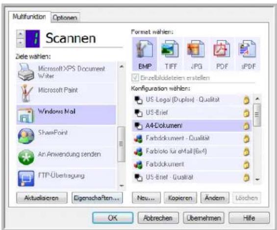 Multifunktion Optionen Scannen Ziele wählen: Microsoft XPS Document Writer Microsoft Paint Windows Mail SharePoint An Anwendung senden FTP-Übertragung Format wählen: EMP TIFF JPG PDF sPDF Einzelbildeteien erstellen Konfiguration wählen: US - Legal (Duplex) - Qualität US - Brief A4-Dokumenti Farbdokument - Qualität Farbiolo für eMail (Evi4) Farbdokument US - Brief - Qualität Aktualiseren Eigenchaften... Neu... Kopieren Ändem Löschen OK Abrechen Übemehmen Hife