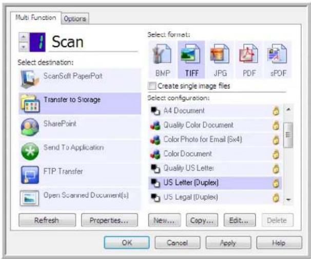 Multi Function Options Scan Select destination: ScanSoft PaperPort Transfer to Storage SharePoint Send To Application FTP Transfer Open Scanned Document(s) Refresh Properties... New... Copy... Edit... Delete Select format: BNP TIFF JPG PDF sPDF Create single image files Select configuration: A4 Document Quality Color Document Color Photo for Email (5x4) Color Document Quality US Letter US Letter (Duplex) US Legal (Duplex) OK Cancel Apply Help