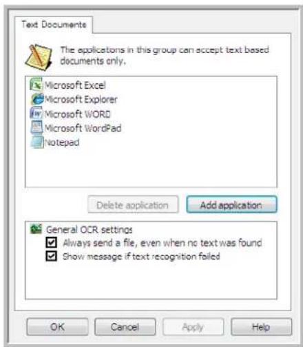 Text Documents The applications in this group can accept text based documents only. Microsoft Excel Microsoft Explorer Microsoft WORD Microsoft WordPad Notepad Delete application Add application General OCR settings ✓ Always send a file, even when no text was found ✓ Show message if text recognition failed OK Cancel Apply Help