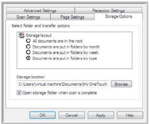 Advanced Settings Scan Settings Page Settings Redaction Settings Storage Options Select folder and transfer options Storage layout All documents are in the root Documents are put in folders by month Documents are put in folders by week Documents are put in folders by type Storage location C:\Users\virtual machine\Documents\My OneTouch Browse Open storage folder when scan is complete OK Cancel Apply Help