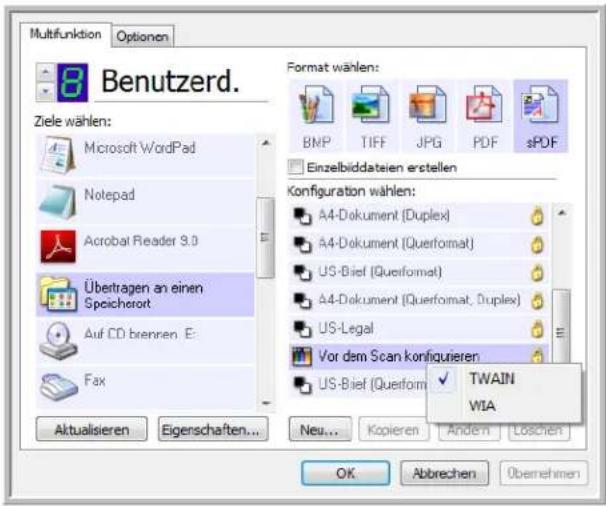 Multifunktion Optionen 8 Benutzerd. Ziele wählen: Microsoft WordPad Notepad Acrobat Reader 9.0 Übertragen an einen Speicherort Auf CD brennen E Fax Aktualisieren Eigenschaften... Format wählen: BNP TIFF JPG PDF sPDF Einzelbiddateien erstellen Configuration wählen: A4-Dokument (Duplex) A4-Dokument (Querformat) US-Bief (Queiform) A4-Dokument (Querformat, Duplex) US-Legal Vor dem Scan konfigurieren US-Bief (Queform) ✓ TWAIN WIA Neu... Kopieren Anden Löschen OK Abbrechen Übernehmen