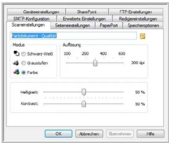 Geristeinstellungen SharePoint FTP-Einstellungen SMTP-Konfiguration Erweiterte Einstellungen Redigereinstellungen Scanestellungen Seteneinstellungen PaperPort Speicheroptionen Farbdkument - Qualität Modus Schwarz-Weß Graustufen Farbe Auflösung 100 200 400 600 300 dpi Helligkeit: 50 % Krontrast: 50 % OK Abbrechen Overnehmen Hife