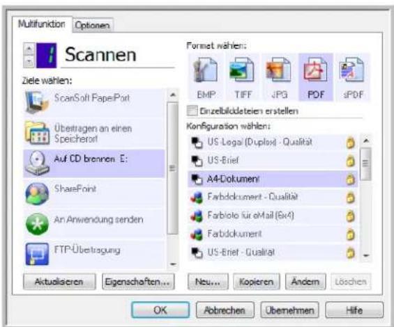 Multifunktion Optionen Scannen Ziele wählen: ScanSoft PaperPort Übertragen an einen Speicherort Auf CD brennen E: SharePoint An Anwendung senden FTP-Übetragung Aktualiseren Eigenschaften... Format wählen: EMP TIFF JPG PDF sPDF Einzelbildeteien erstellen Konfiguration wählen: US - Legal (Duplex) - Qualität US-Brief A4-Dokumenti Farbdokument - Qualität Farbloto für eMail (Ex4) Farbdokument US-Brief - Qualität Neu... Kopieren Ändem Löschen OK Abrechen Übernehmen Hife
