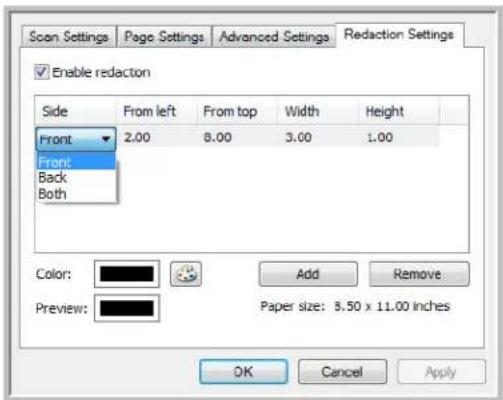 Scan Settings Page Settings Advanced Settings Redaction Settings Enable redaction Side From left From top Width Height Front 2.00 8.00 3.00 1.00 Front Back Both Color: Added Remove Preview: Paper size: 8.50 x 11.00 inches OK Cancel Apply