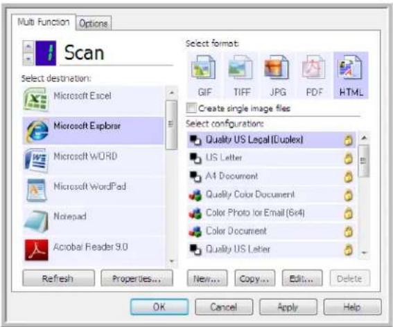 Multi Function Options Scan Select destination: Microsoft Excel Microsoft Explorer Microsoft WORD Microsoft WordPad Notepad Acrobat Reader 3.0 Refresh Properties... New... Copy... Edit... Delete Select format: GIF TIFF JPG PDF HTML Create single image files Select configurations: Quality US Legal ID (duplex) LIS Letter All Document Quality Color Document Color Photo for Email (6x4) Color Document Quality US Letter OK Cancel Apply Help