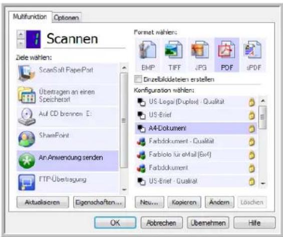 Multifunktion Optionen Scannen Ziele wählen: ScanSoft PaperPort Übertragen an einen Speicherart Auf CD brennen E: SharePoint An Anwendung senden FTP-Übetragung Aktualisieren Eigenschaften... Format wählen: BMP TIFF JPG PDF sPDF Einzelbildsteien erstellen Konfiguration wählen: US-Legal (Duplex) - Qualität US-Brief A4-Dokument Farbdokument - Qualität Farbiolo für eMail (Ev4) Farbdokument US-Brief - Qualität Ok Abrechen Übemehmen Hife