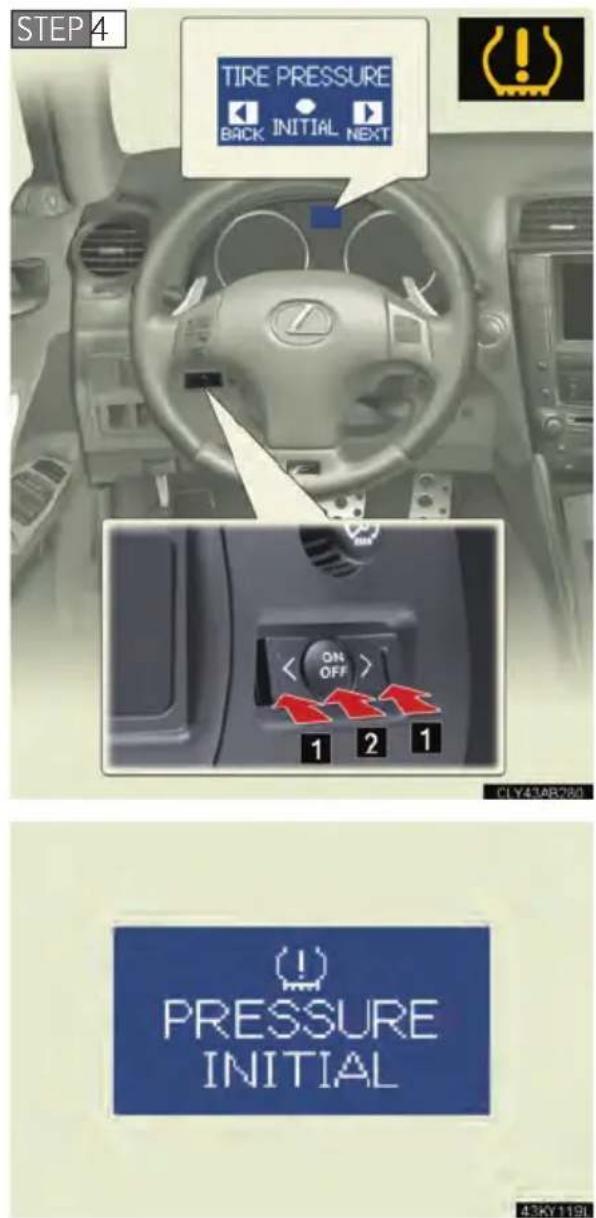 STEP 4 TIRE PRESSURE BACK INITIAL NEXT ON OFF 1 2 1 PRESSURE INITIAL 436Y1191