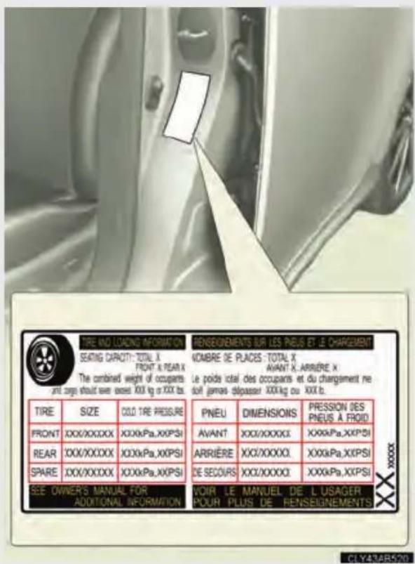 TIRE NO LEADING INFORMAT DE SEATING CAPACITY: TOTAL X FRONT & PEAR X The combined weight of occupants and large standout ever exact XXX kg or XXX bs. BENSEIGNEMENTS SUR LES PNEUS ET LE CHARGEMENT VOMBRE DE PLACES - TOTAL X AVANT X, ARRIÈRE X Le poide total des occupants et du chargement ne doit jamais dépasser XXX kg ou XXX b. TIRE SIZE COLO TIRE PRESSURE PNEU DIMENSIONS PRESSION DES PNEUS À FROID FRONT XXX/XXXXX XXXkPa,XXPSI AVANT XXX/XXXXX XXXkPa,XXPSI REAR XXX/XXXXX XXXkPa,XXPSI ARRIÈRE XXX/XXXXX XXXkPa,XXPSI SPARE XXX/XXXXX XXXkPa,XXPSI DE SECOURS XXX/XXXXX XXXkPa,XXPSI SEE OWNER'S MANUAL FOR ADDITIONAL INFORMATION VOIR LE MANUEL DE L'USAGER POUR PLUS DE RENSEIGNEMENTS CLYARAR501