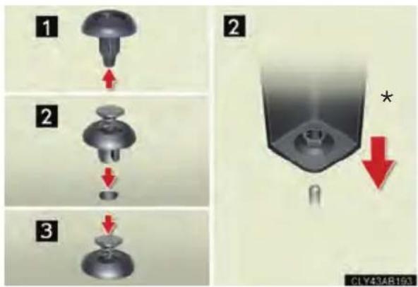 Technical diagram showing three-step assembly steps of a mechanical component with red arrows indicating direction and a close-up view highlighting a specific part.