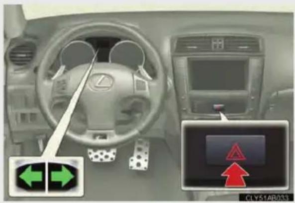 Interior view of a car dashboard with directional arrows and a warning sign showing red arrows pointing to a screen.