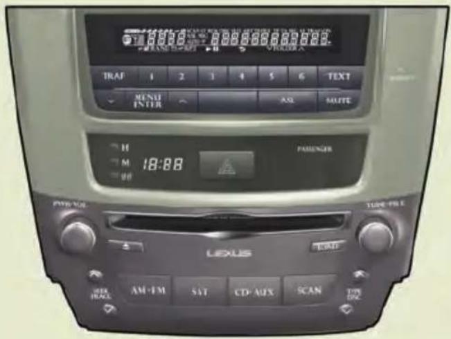TRAF 1 2 3 4 5 6 TEXT MENU ENTER AS MULTIF H M 18:88 PASSENGER Lexus LOAD AM-FM SAT CD-AUX SCAN TIME DRG BRAS TOM DRC