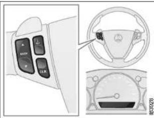 Diagram showing car dashboard control panel with labeled buttons and steering wheel, plus side view of dashboard display