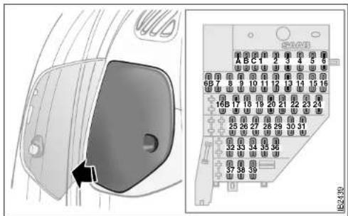 Technical diagram showing a car interior with numbered components and a close-up of the main panel labeled 'SMA21' with pin numbers.