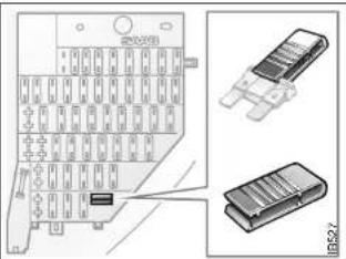 Technical diagram of a vehicle electrical panel with labeled components and a highlighted section view