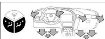 Diagram showing car dashboard and directional arrows indicating traffic flow or movement, with a circular gauge icon containing icons for speed, speed limit, and speed limit.