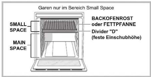 Garen nur im Bereich Small Space SMALL SPACE MAIN SPACE BACKOFENROST oder FETTPFANNE Divider "D" (feste Einschubhöhe)