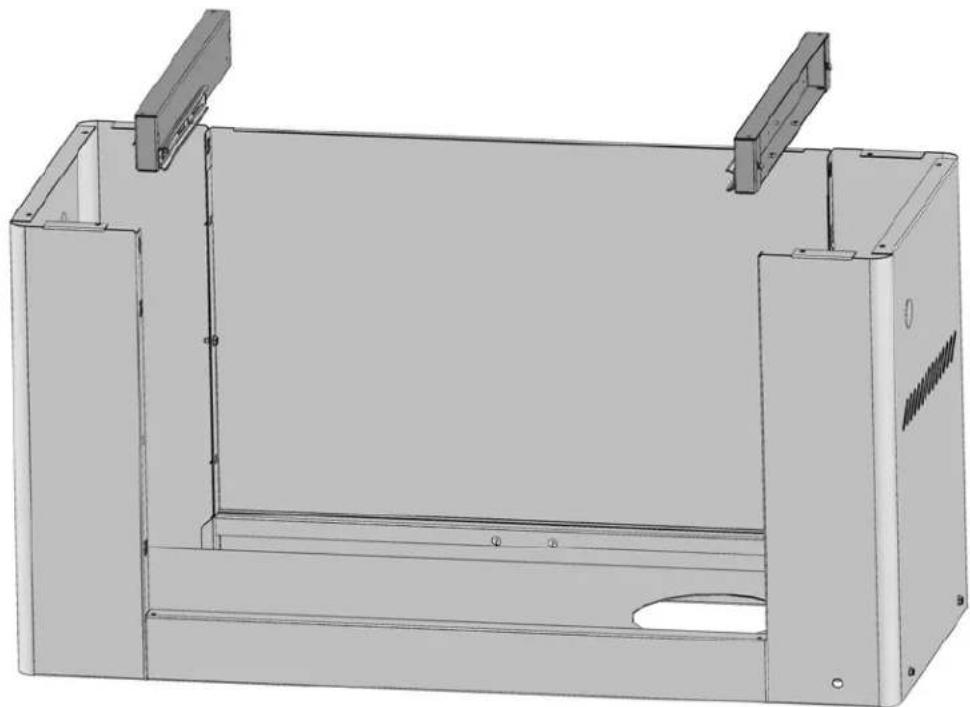 3D technical drawing of a mechanical enclosure or housing frame with mounting brackets and internal compartments (no text or symbols)