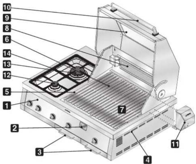 Technical diagram of a portable gas stove with numbered components for identification