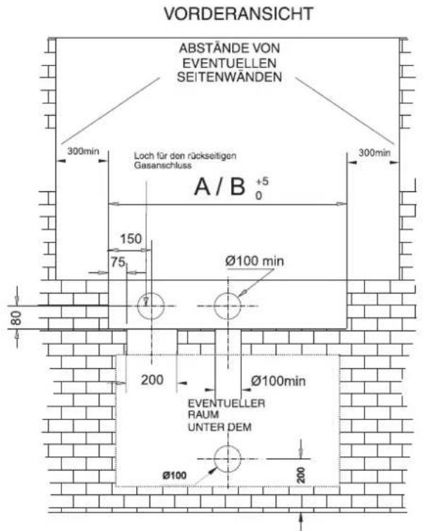 VORDERANSICHT ABSTÄNDE VON EVENTUELLEN SEITENWÄNDEN 300min Loch für den rückseitigen Gasanschluss A / B +5 0 150 75 Ø100 min Ø100min 80 200 EVENTUELLER RAUM UNTER DEM Ø100 200